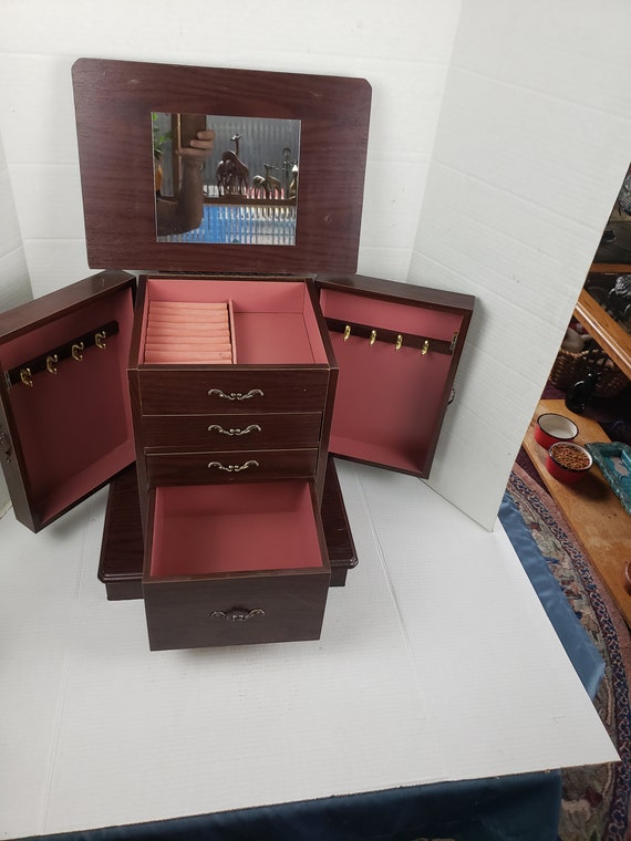 vintage large wood jewelry box 3 drawers mirror d… - image 3