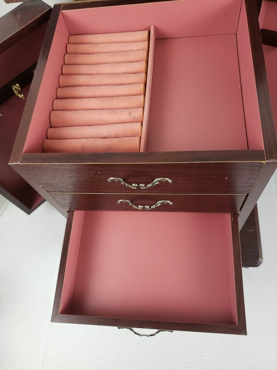 vintage large wood jewelry box 3 drawers mirror d… - image 4