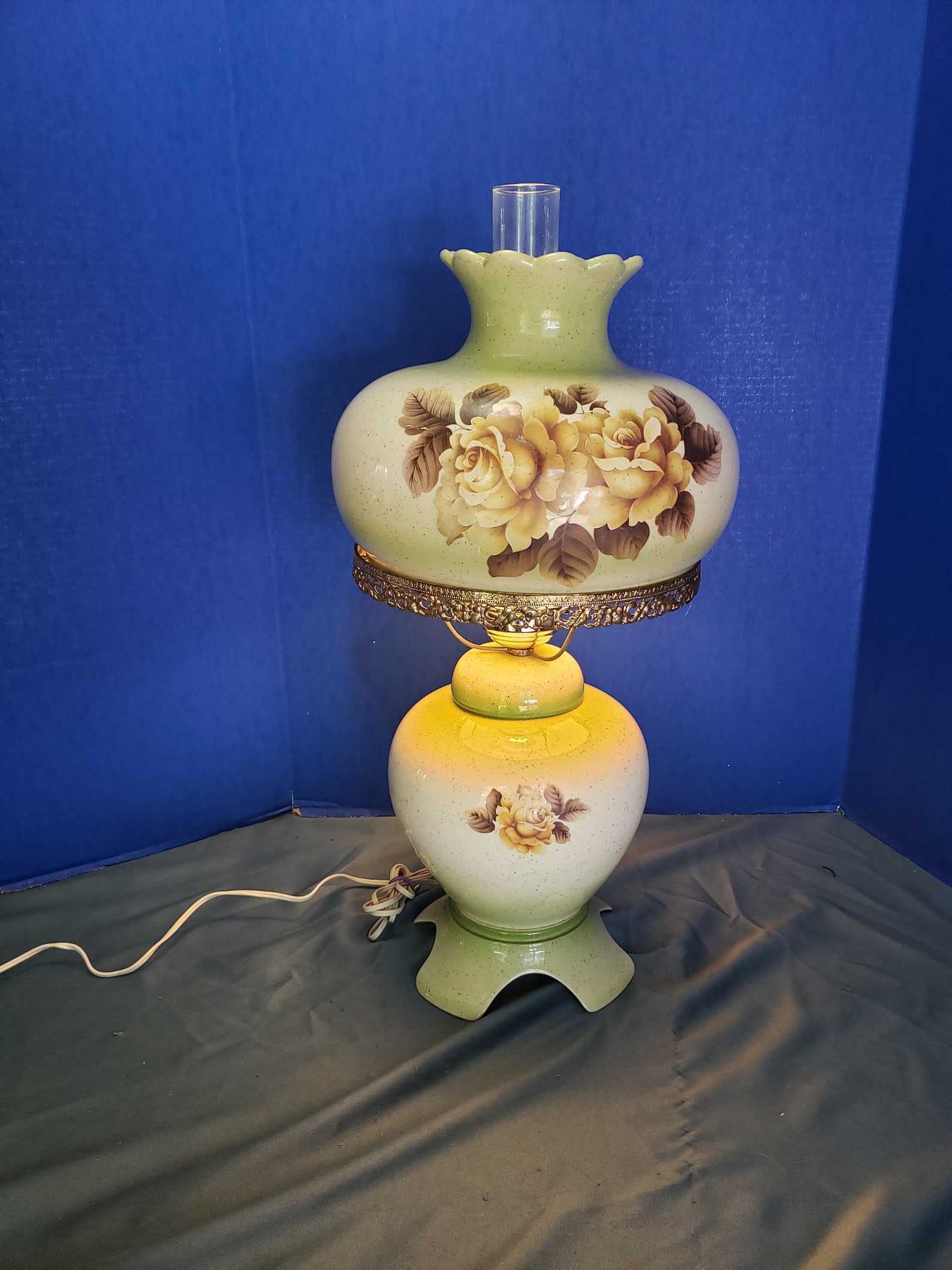 Vintage Hurricane Table Lamp Green Hand Painted Roses Large Etsy