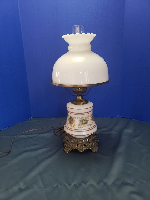 1950s White Glass Floral GWTW Style Hurricane Parlor Electric Lamp