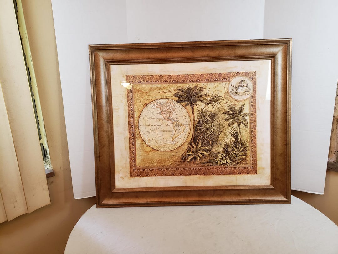 Framed Art Print Old World Explorer Map Island Palms Solid Wood
