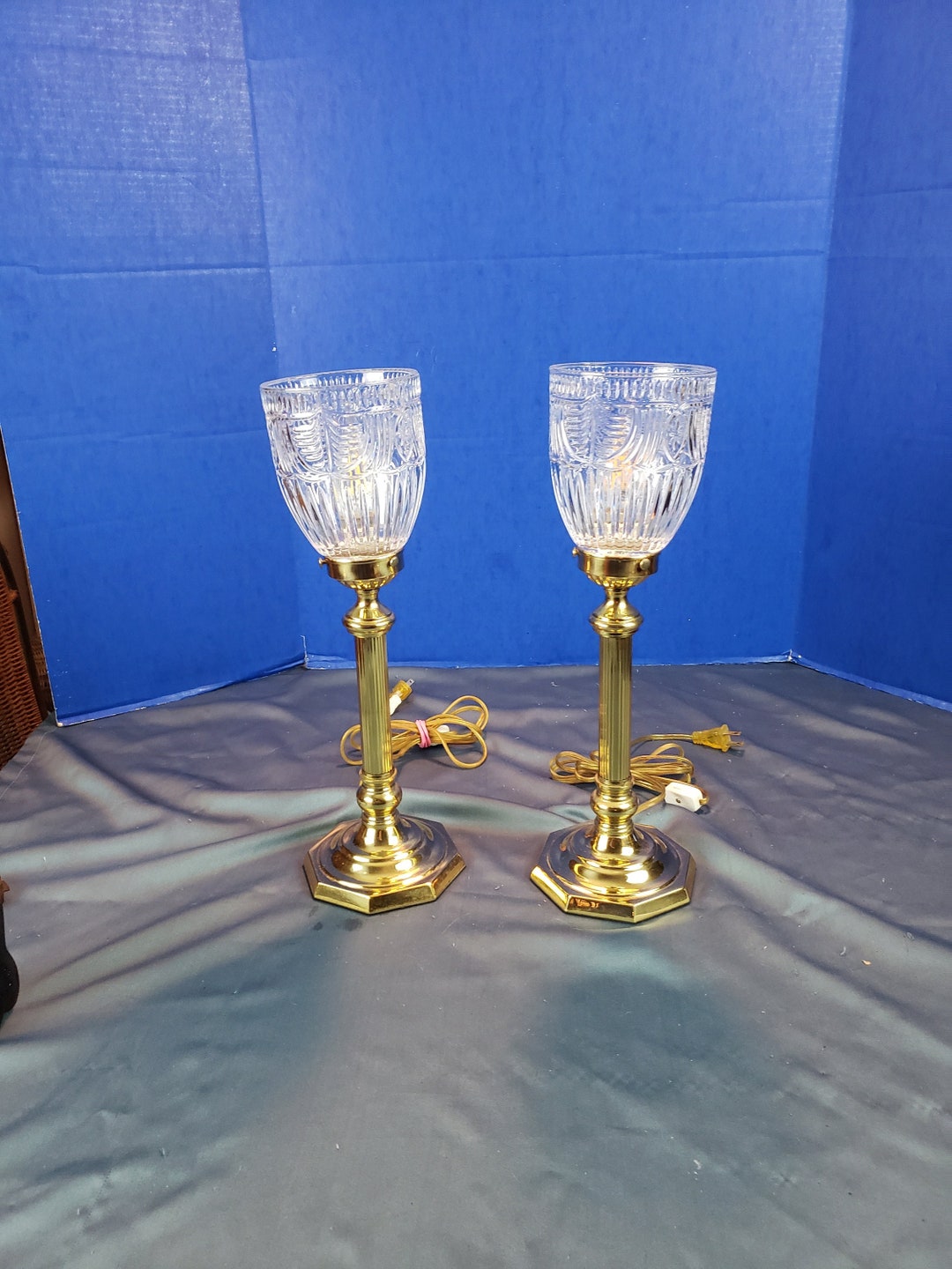 Vintage Pair of Brass Plated Crystal Glass Torchier Torch Cone Lamp 16.