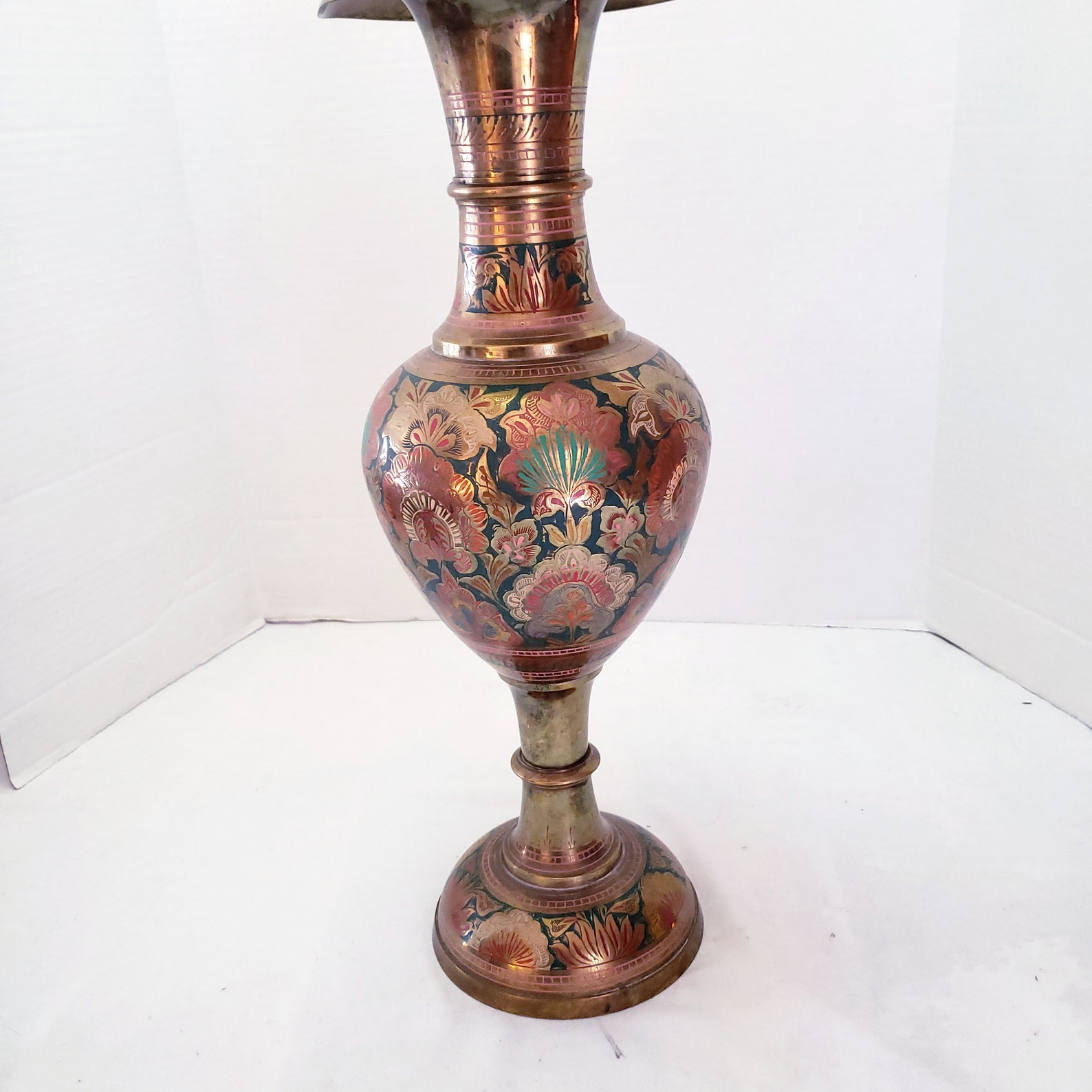 Vintage Solid Brass vase Etched Enamel Engraved Made In India Etsy