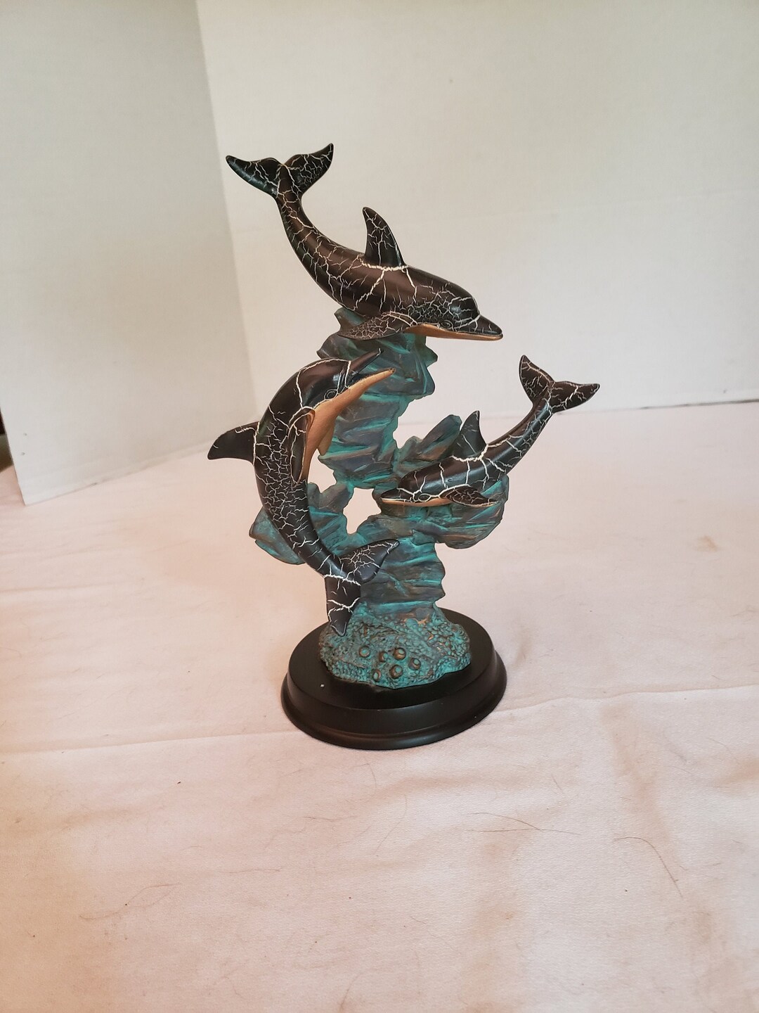 Three Dolphins Aquatic Scenic Figurine Coral Statue 10.75 Colorful Poly