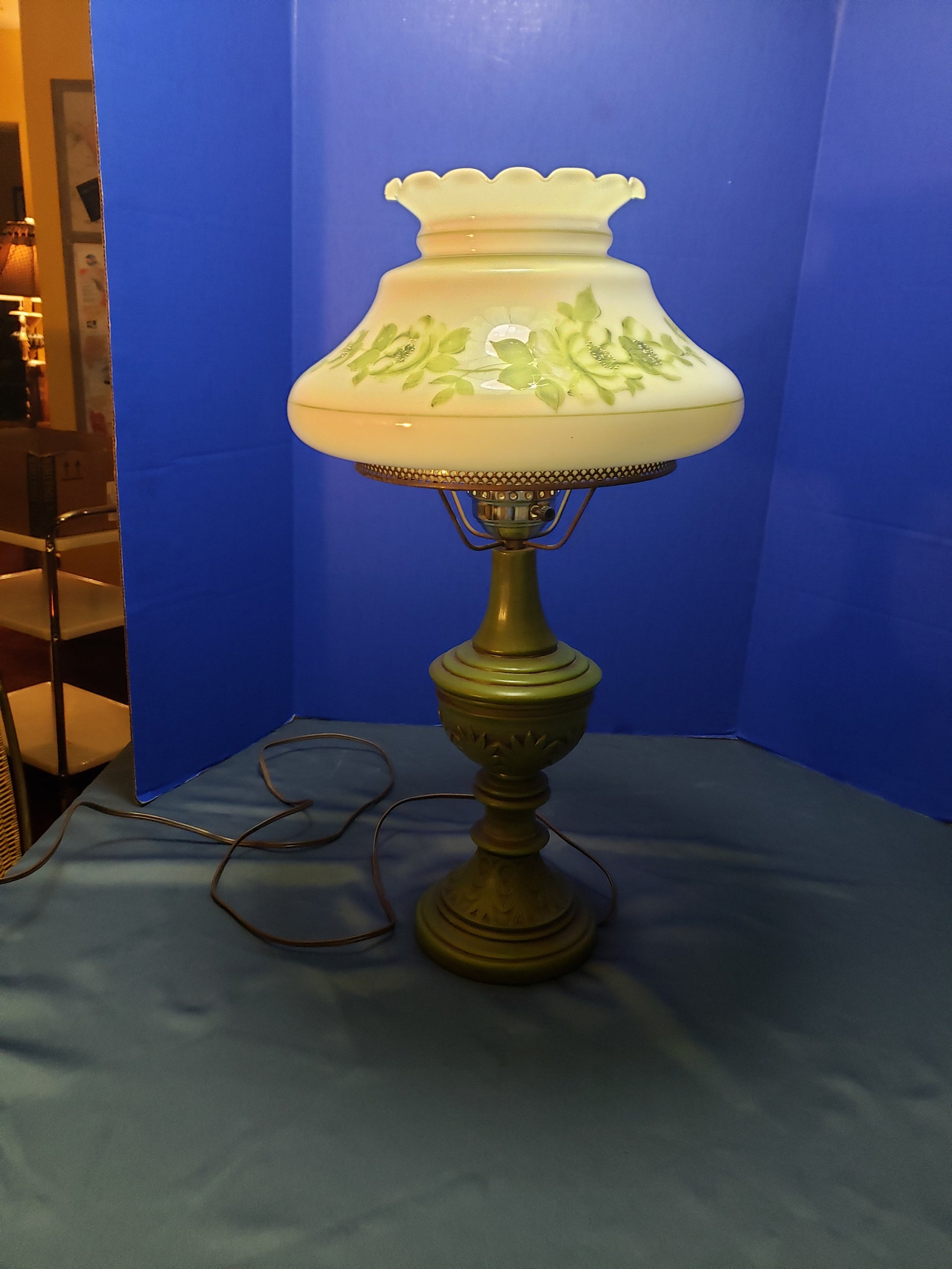 Vintage Hurricane Brass Lamp Green Floral Flowers 25 Etsy