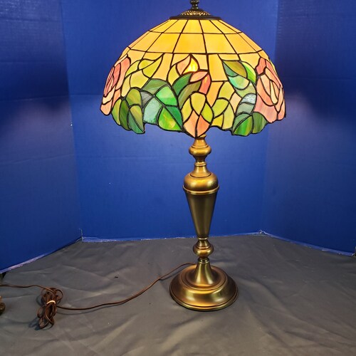 Shops Vintage Stained Glass Lamp Shade Brass Base Tiffany Style 30