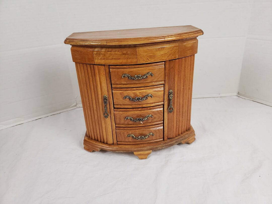 Vintage Tall Light Wood Jewelry Box Both Sides Open 4 Drawer 11 X 12 X