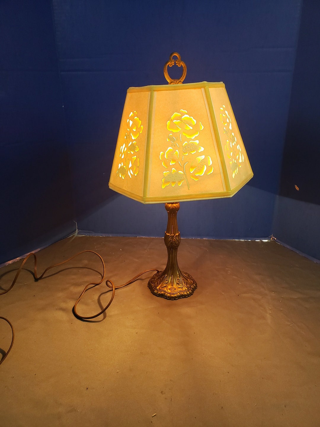 Vintage Brass Lamp Cut Out Shade 21 Tall Etsy