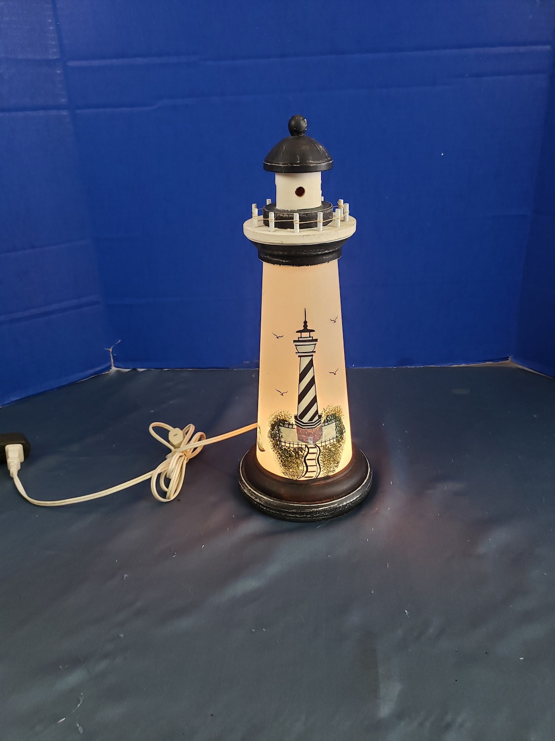 Vintage Hand Painted Glass Cylinder Lighthouse Table Lamp 15" Tall - Etsy