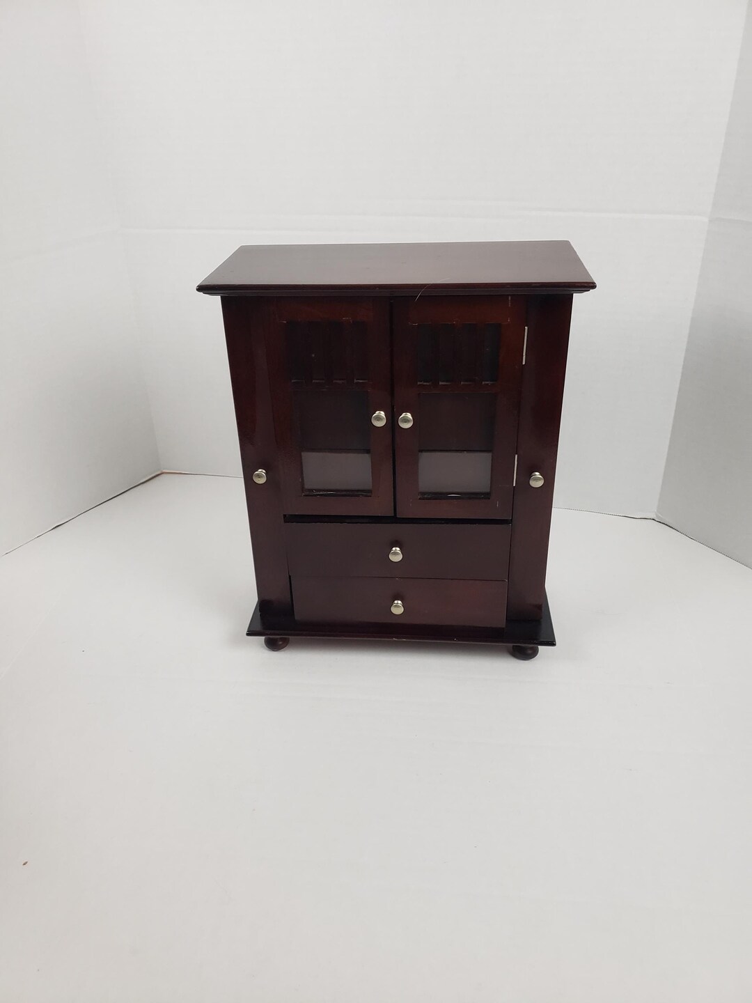 Vintage Mission Style Jewelry Box 2 Glass Doors Dual Wings 13 X 11 X 5 ...