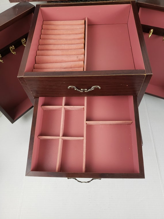 vintage large wood jewelry box 3 drawers mirror d… - image 5