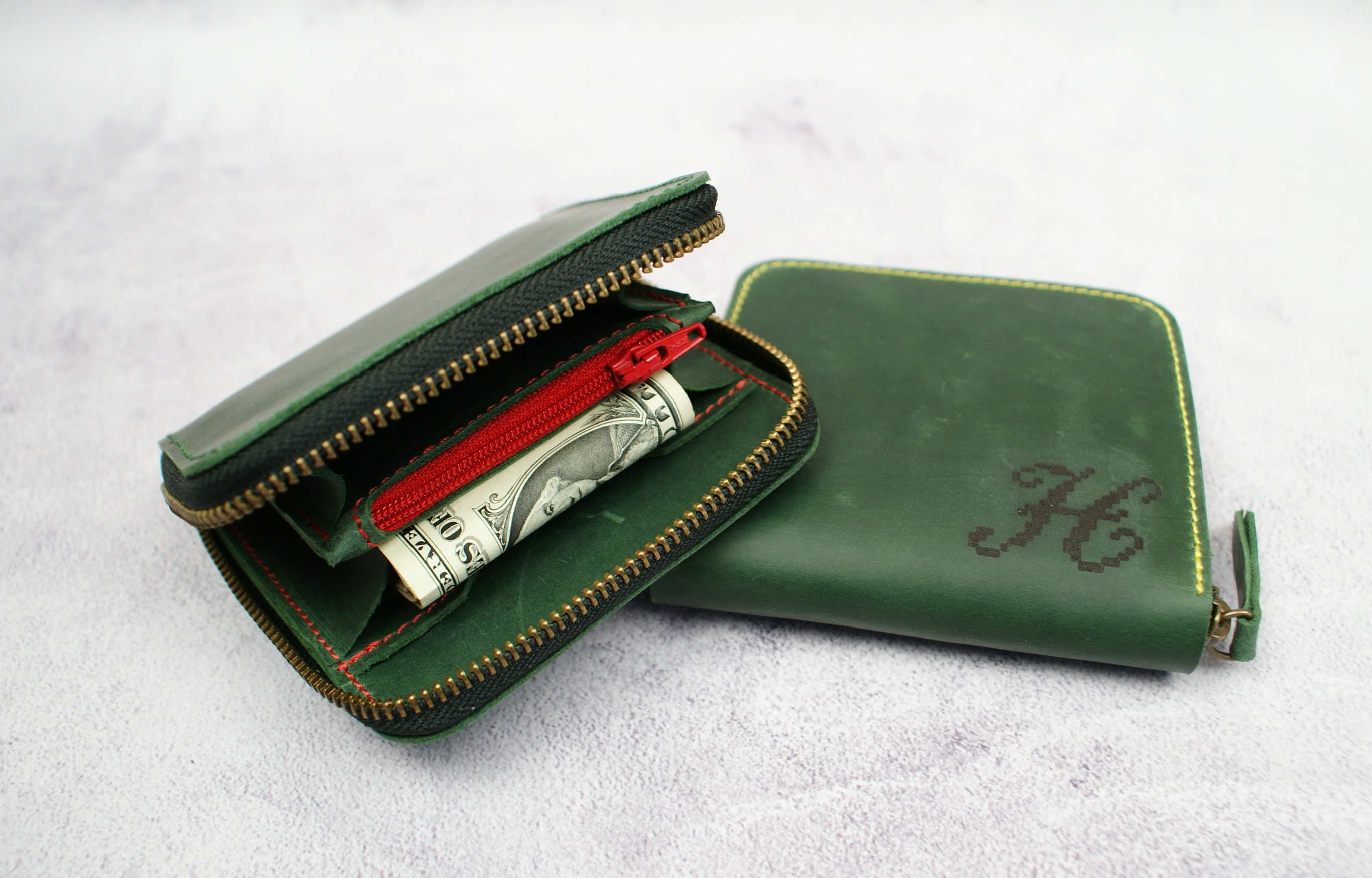 Monnogrammed Leather Wallet Green Wallet Genuine Leather - Etsy
