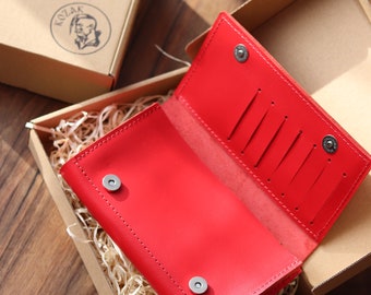 Cartera de cuero -Cartera de mujer de cuero largo personalizada-Cartera de mujer roja de cuero de grano completo -Cartera de cuero de mujer