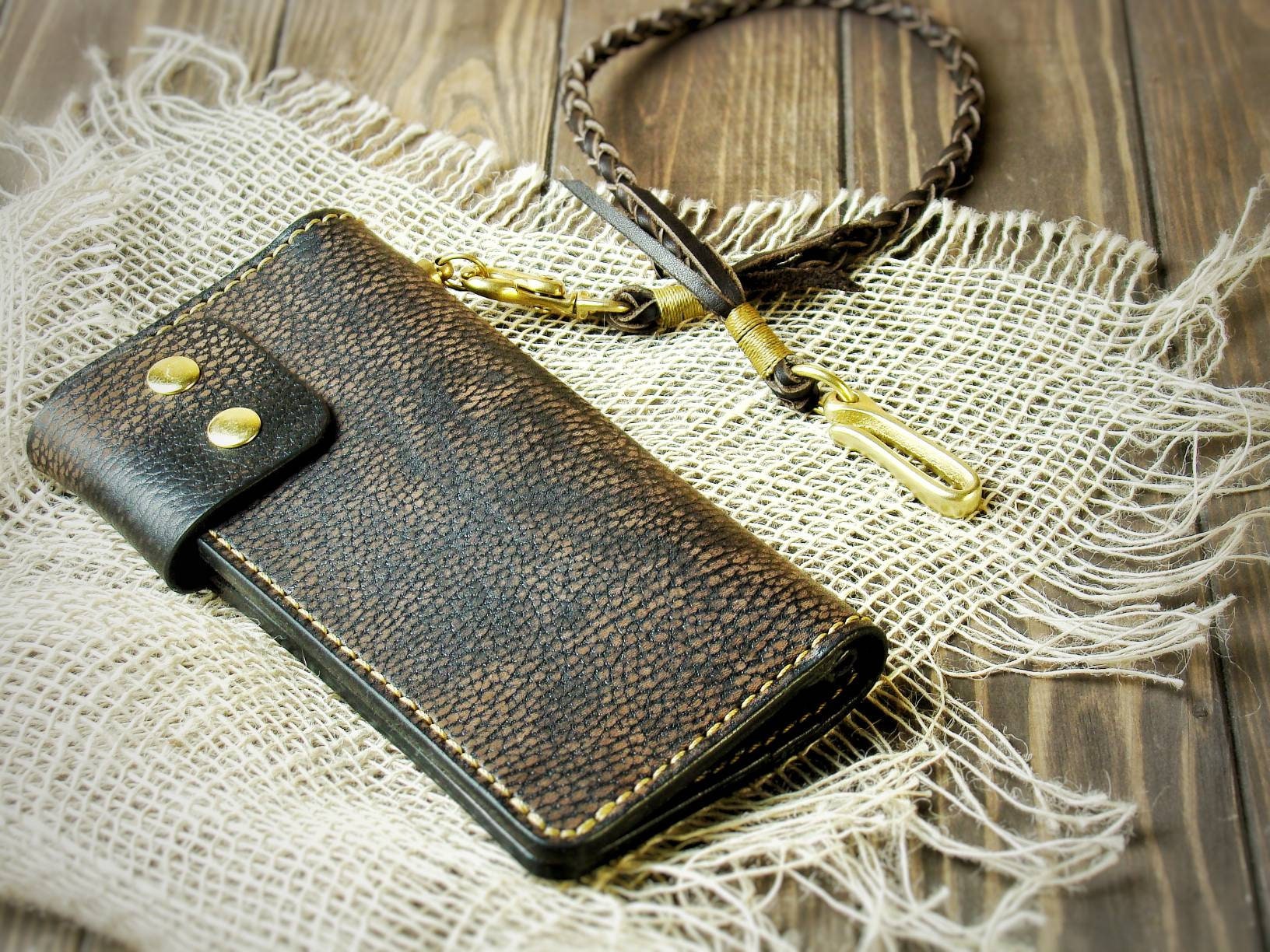 Trucker Wallet With Leather Lanyard Solid Brass Chain Mens Etsy