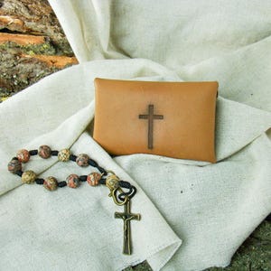 Rosary Pouch Tan Leather Handcrafted Catholic Prayer Bag Men's Rosary Holder for Baptism Tan Leather Rosary Pouch Unique Devotional Gift