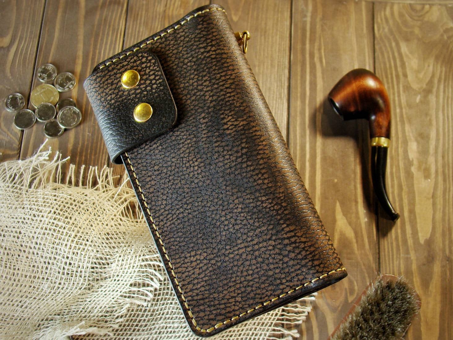 Trucker wallet with leather lanyard Solid brass Chain Mens Etsy