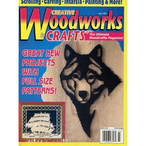 May include: A magazine cover for Creative Woodworks & Crafts, featuring a black silhouette of a wolf's head on a wooden background. The magazine title is in red and yellow, and the text "Great New Projects with Full Size Patterns!" is in white on a blue background.