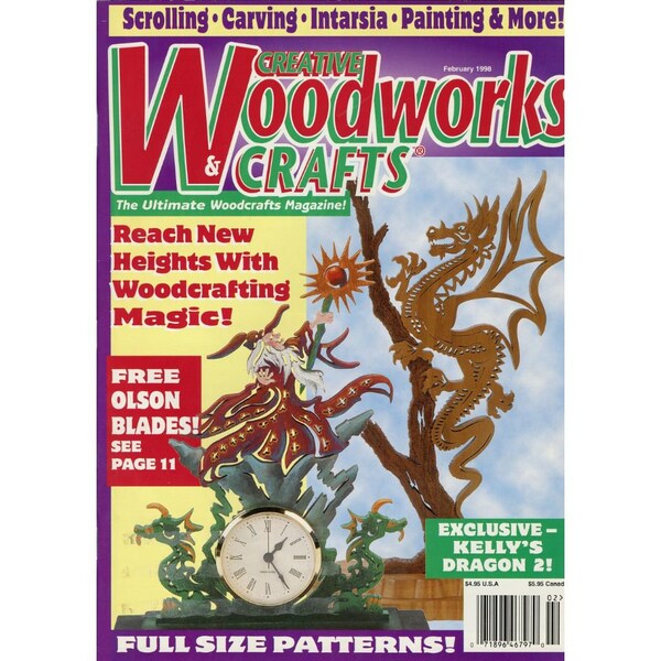 Creative Woodworks & Crafts Feb. 1998, scroll saw and woodworking patterns, fretwork, carving, intarsia, clocks, dragon, winter designs