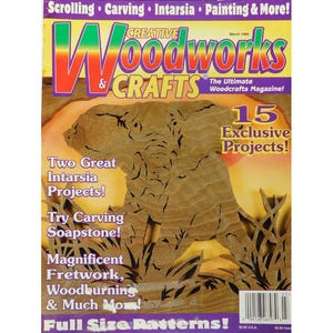 May include: A magazine cover for "Creative Woodworks & Crafts" features a wooden elephant carving. The cover has text that reads "Scrolling, Carving, Intarsia, Painting & More!" and "15 Exclusive Projects!"