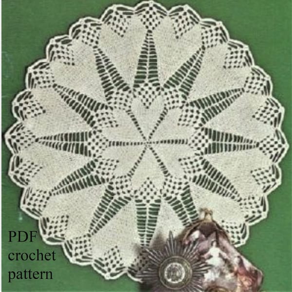 PDF download, crochet pattern, 2 rows of hearts, 13 1/2" using size 20 thread & hook size 8