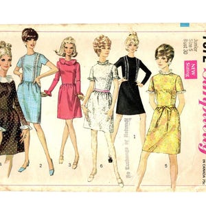 May include: Vintage Simplicity sewing pattern 7672 featuring six dress designs. The illustration shows dresses in various colors, including brown with white polka dots, blue gingham, pink, white, black, and yellow floral. The pattern is for a junior size 5 with a 30-inch bust.