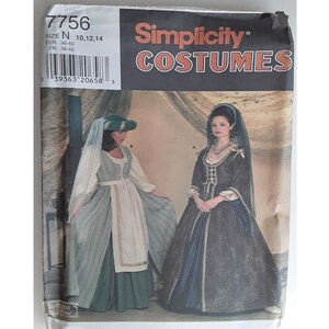 May include: A Simplicity Costumes sewing pattern envelope, number 7756, size N 10, 12, 14. The front displays two historical-style gowns: one in light green and white with a headpiece, and one in dark brown and blue with a headpiece and veil.