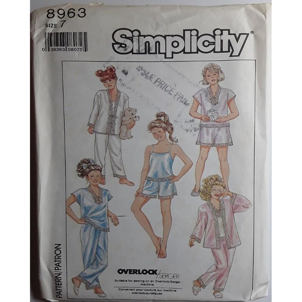 Simplicity 8963, vintage 1988, girls' size 7, uncut sewing pattern, kimono, tap sorts, camisole, lounging pajamas, overlock/serger suitable