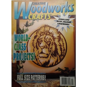 May include: A magazine cover for Woodworks & Crafts featuring a lion's head wood carving project. The cover text reads "World-Class Projects!" and "Full Size Patterns!"