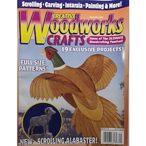 May include: A magazine cover for Creative Woodworks & Crafts, featuring a wood carving of a pheasant in flight. The magazine cover is yellow, red, and blue with the text "Creative Woodworks & Crafts" in large, bold letters. The text "19 Exclusive Projects!" is also featured on the cover.