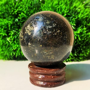 Alluring Rare Black Nuummite  50MM Crystal Healing Metaphysical Natural Stone Sphere.