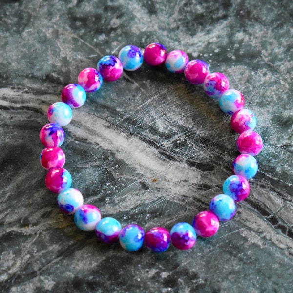 Mixed Berry Marble Bracelet - Multicolor, Beaded, Elastic, Stretch, Bracelet, Blue, Aqua, Pink, Magenta, Mother's Day, Thoughtful, Gift