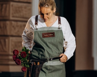 Gift For Florist, Jeans Gardening Apron and Leather Tool belt, 2 set Personalized Florist Apron and Leather Gardening Bag, Gift for her