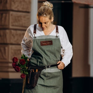 Gift For Florist, Jeans Gardening Apron and Leather Tool belt, 2 set Personalized Florist Apron and Leather Gardening Bag, Gift for her image 1