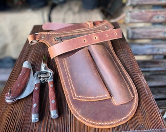 Leather Gardening Belt, Florist Tool Bag + Belt, Garden Bag, Florist Organizer, Personalized Florist Bag