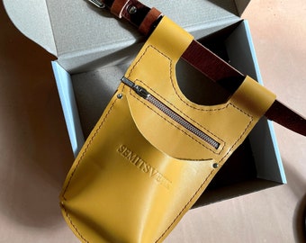 Yellow Leather Florist Tool Bag + Cognac Belt, Garden Bag,Florist Tool Bag + Belt, Gift for Gardeners and Florists, Personalized Florist Bag