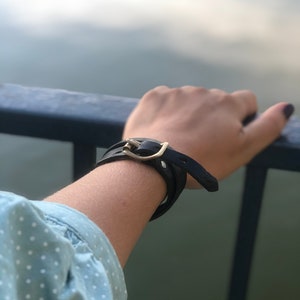 Black three Leather Cuff Bracelet, UNISEX Bracelet, Wrap Leather Bracelet Turns Around Your Hand, Leather Cuff Bracelet, Wrap Cuff