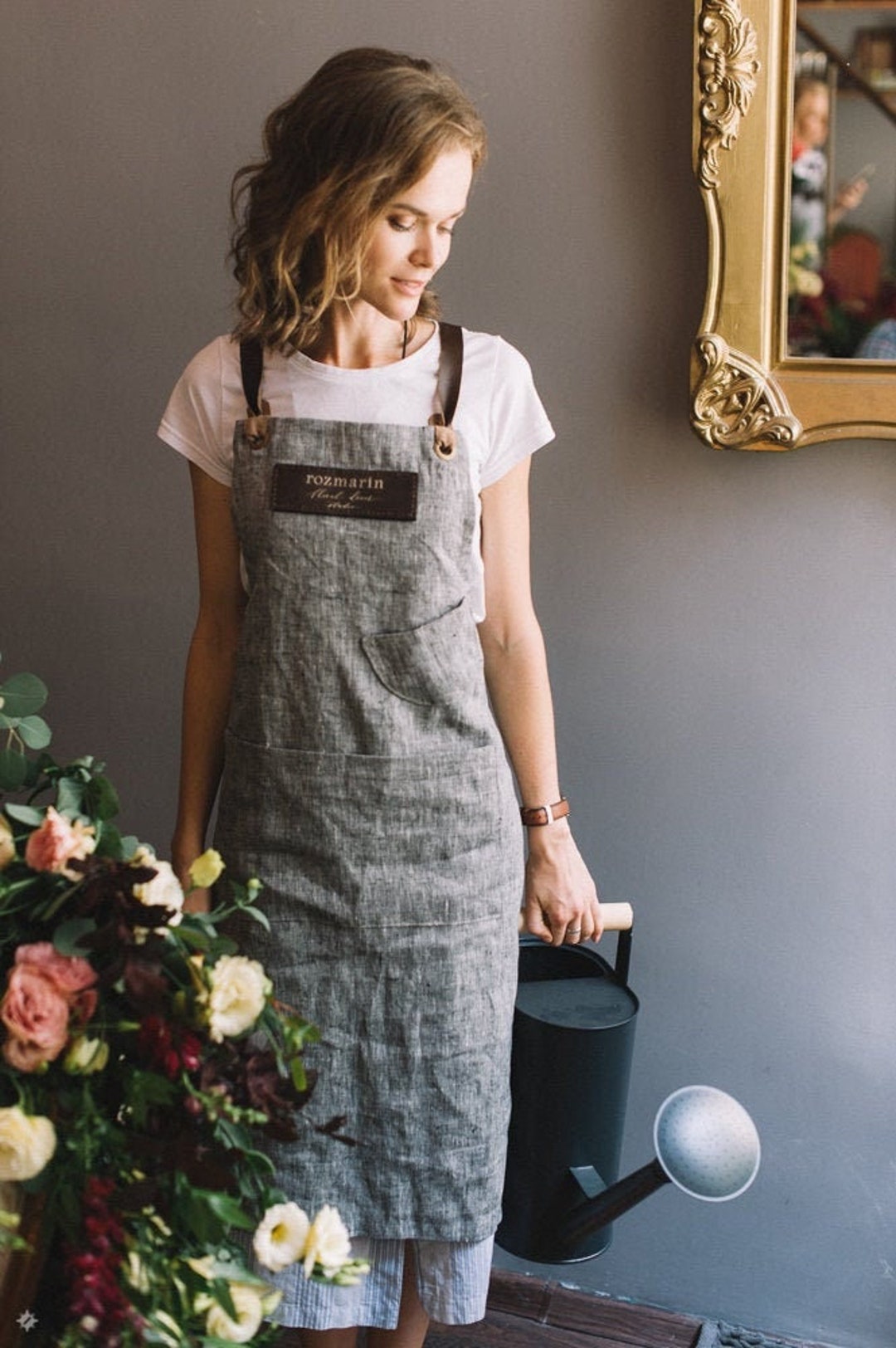 エプロン・三角巾 1940s Flower Decorative Linen Apron Personalized Linen Garden Apron, Florist Apron With Leather Straps