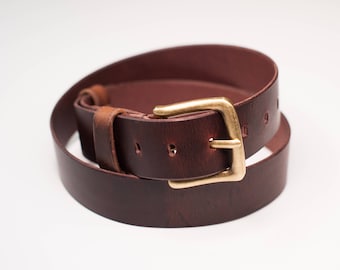 Handcrafted Brown Leather Belt: Mens Waxed Leather with Antique Brass Buckle