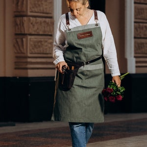 Gift For Florist, Jeans Gardening Apron and Leather Tool belt, 2 set Personalized Florist Apron and Leather Gardening Bag, Gift for her image 7