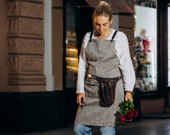 Florist Apron and Leather Tool Belt, 2 set Florist Linen Apron with Personalization Leather Gardening Belt, Gift For Florist, Valentine Gift