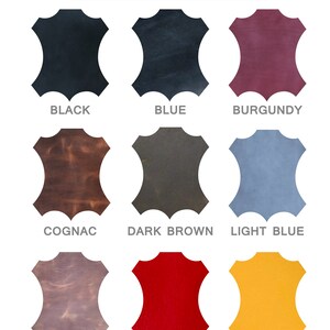 May include: Nine leather swatches in different colors: black, blue, burgundy, cognac, dark brown, light blue, light brown, red, and yellow. Choose your color.