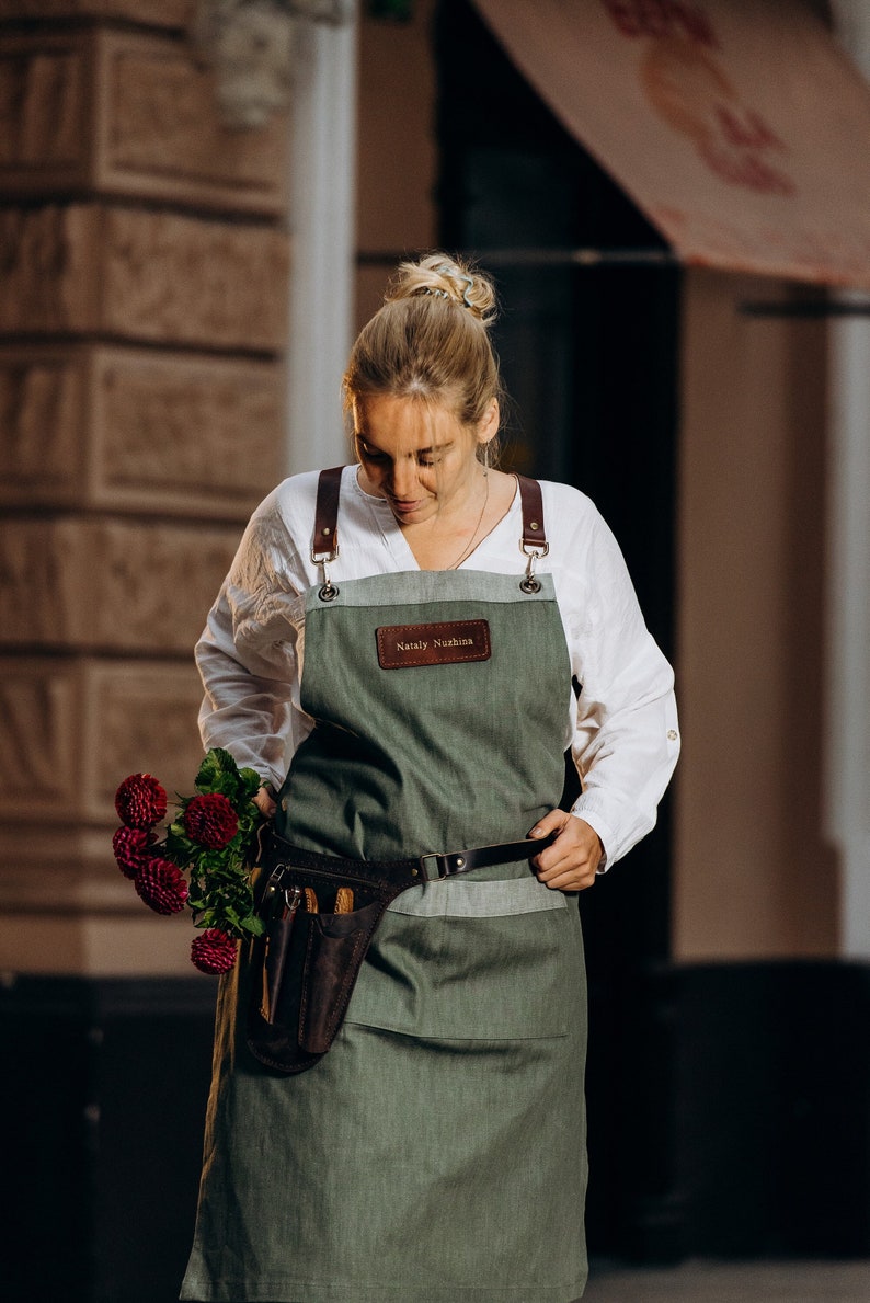 Gift For Florist, Jeans Gardening Apron and Leather Tool belt, 2 set Personalized Florist Apron and Leather Gardening Bag, Gift for her image 1