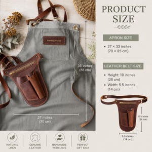 Conjunto de delantal de jardinería y cinturón de herramientas de cuero, delantal de florista con bolsillos, cinturón de herramientas de jardín, regalo personalizado para floristas y jardineros. imagen 15