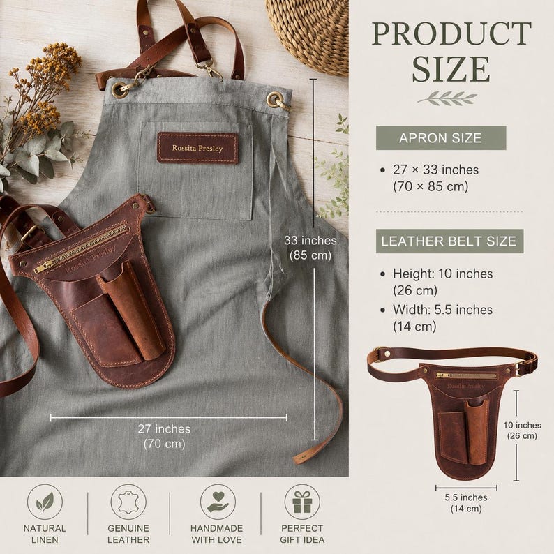 Conjunto de delantal de jardinería y cinturón de herramientas de cuero, delantal de florista con bolsillos, cinturón de herramientas de jardín, regalo personalizado para floristas y jardineros. imagen 15