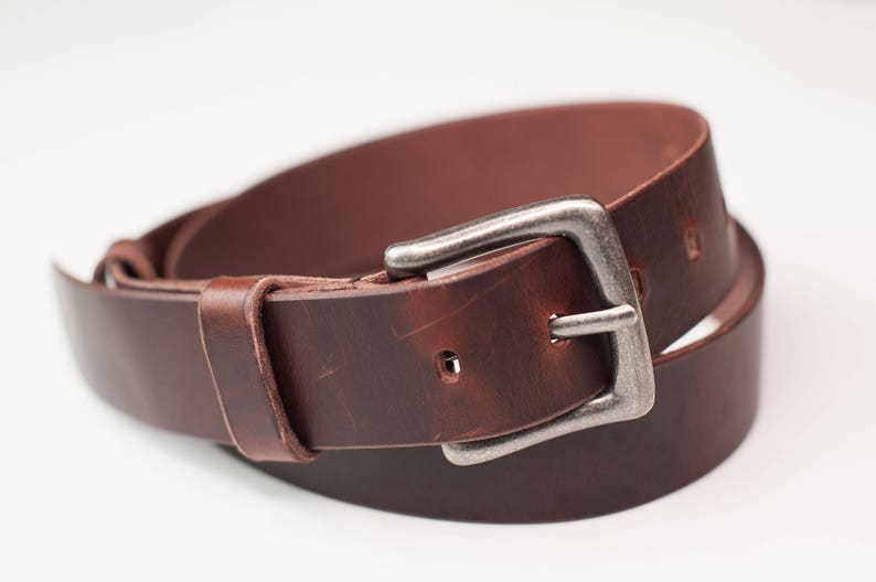 Mens Brown Leather Belt 1 1/2 Antique Silver Buckle Handcrafted Men Gift Waxed Leather Father Gift Leather Belt Mens Belt image 1
