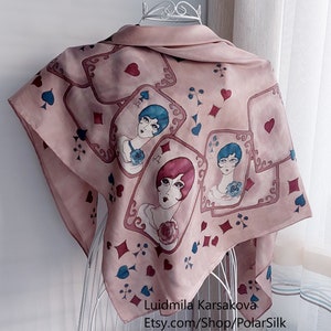 Hand-painted beige and brown 100% natural silk shawl "House of cards".