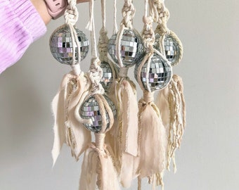 Macramé Disco Ball Car Charm in Natural White, Disco Ball Decor, Disco Ball Rearview Mirror Hanger, Disco Ball Gift, Christmas Gift for Her