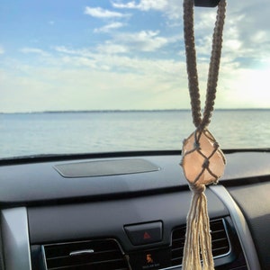 Macramé Car Charm With Himalayan Salt Rock, Rearview Mirror Hanger ...