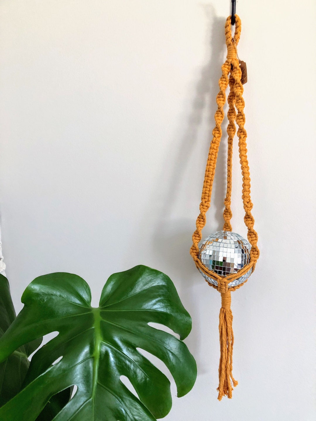 Macramé Disco Ball Hanger in Marigold, Macramé Disco Ball Suncatcher
