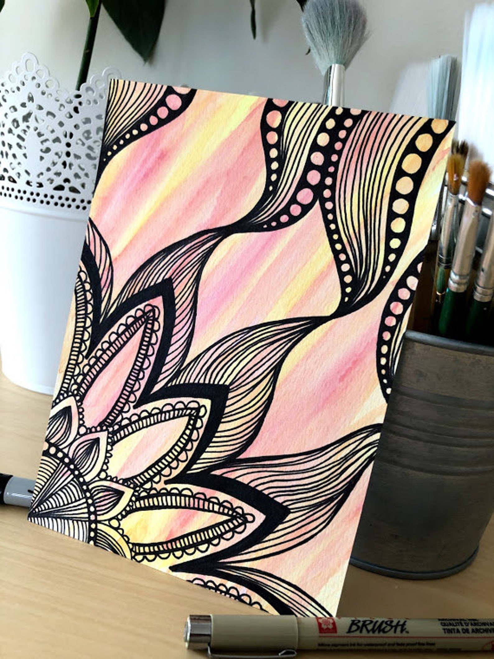 Floral Zentangle Original Aquarel & Ink Painting Zentangle Etsy